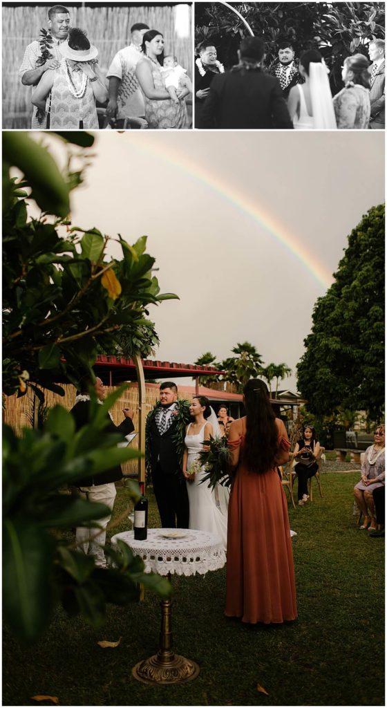 bride and groom standing at ceremony with a rainbow over them by oahu wedding photographer