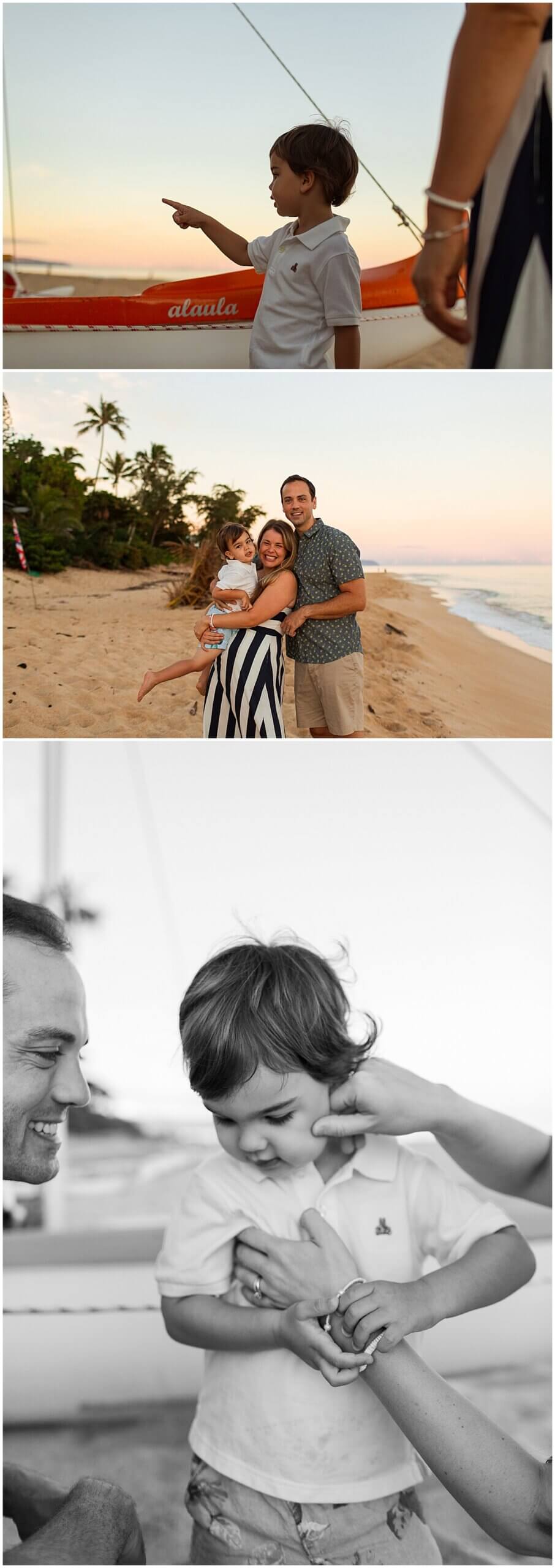 parents and son walking along the beach by sail boats by north shore family photographer