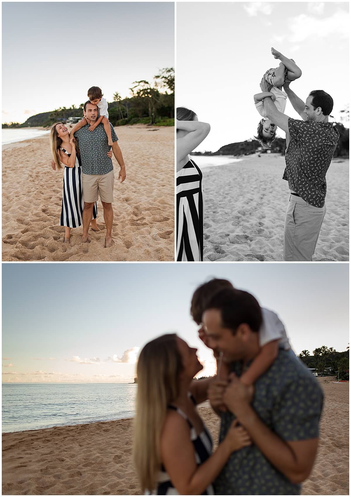 dad holding son in the air on the beach with wife for oahu sunrise session 