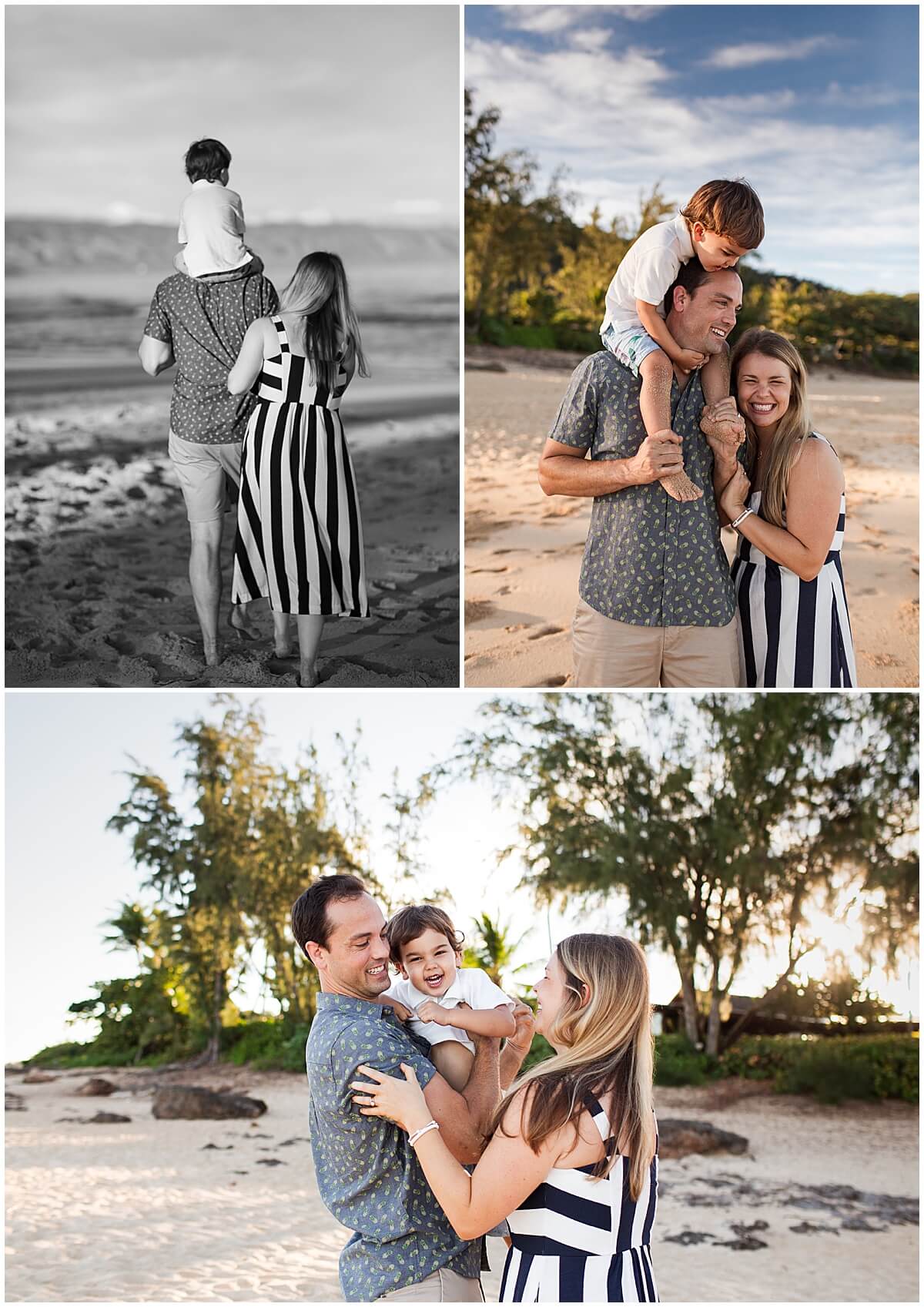 father holding child on his shoulders on the beach next to the coconut trees for oahu sunrise session 