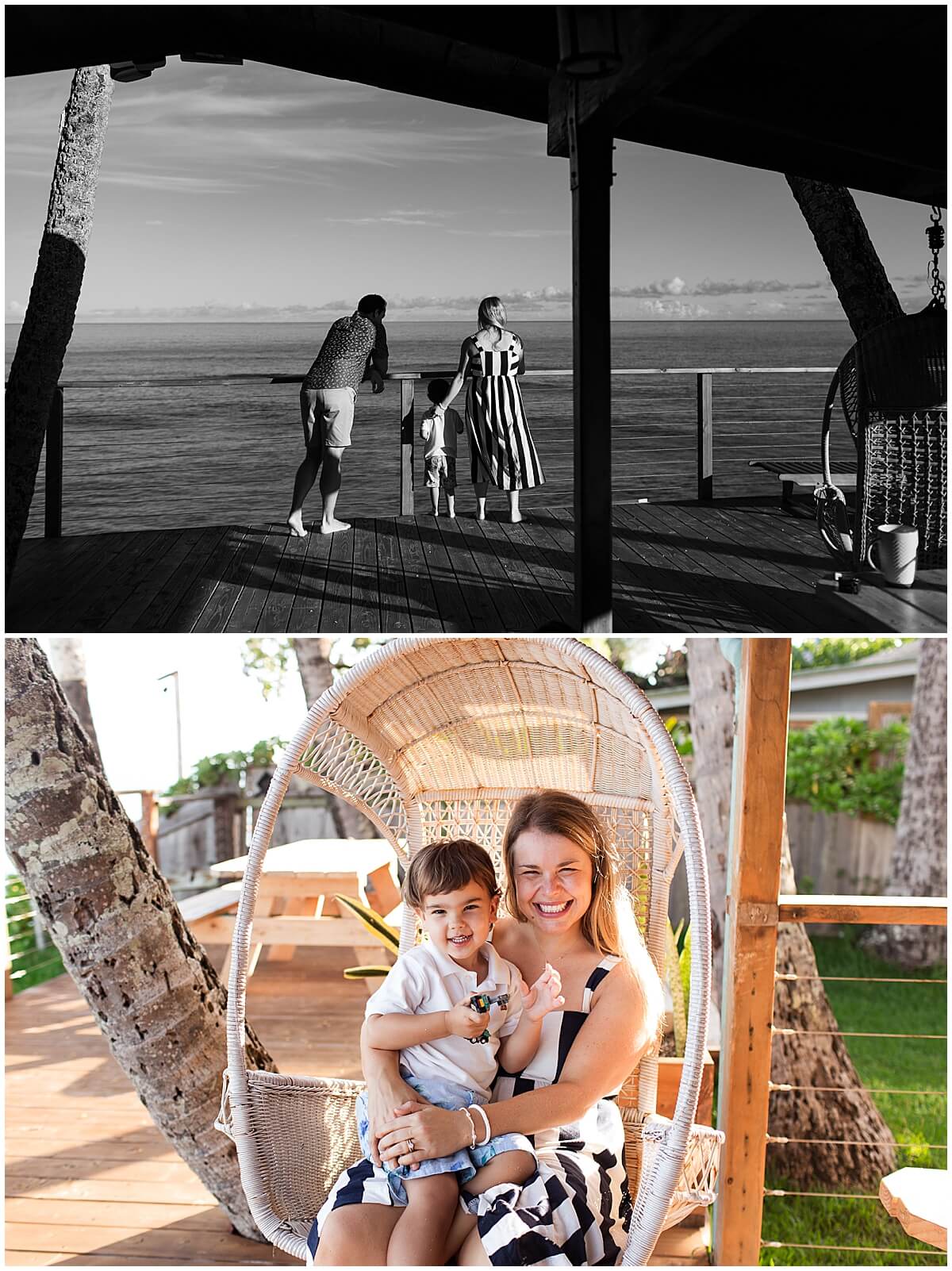 mom and son sitting in hammock after oahu sunrise session on the beach 