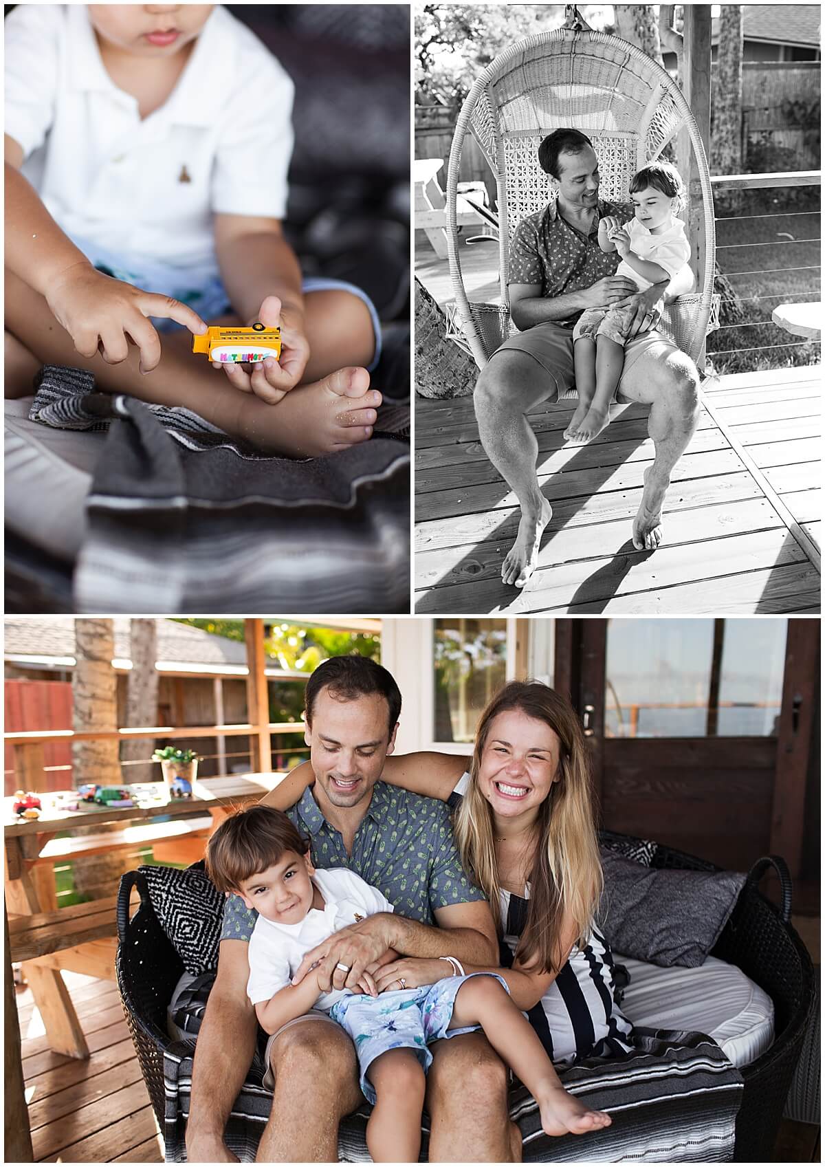 parents and son with north shore family photographer sitting at home on front porch after session 