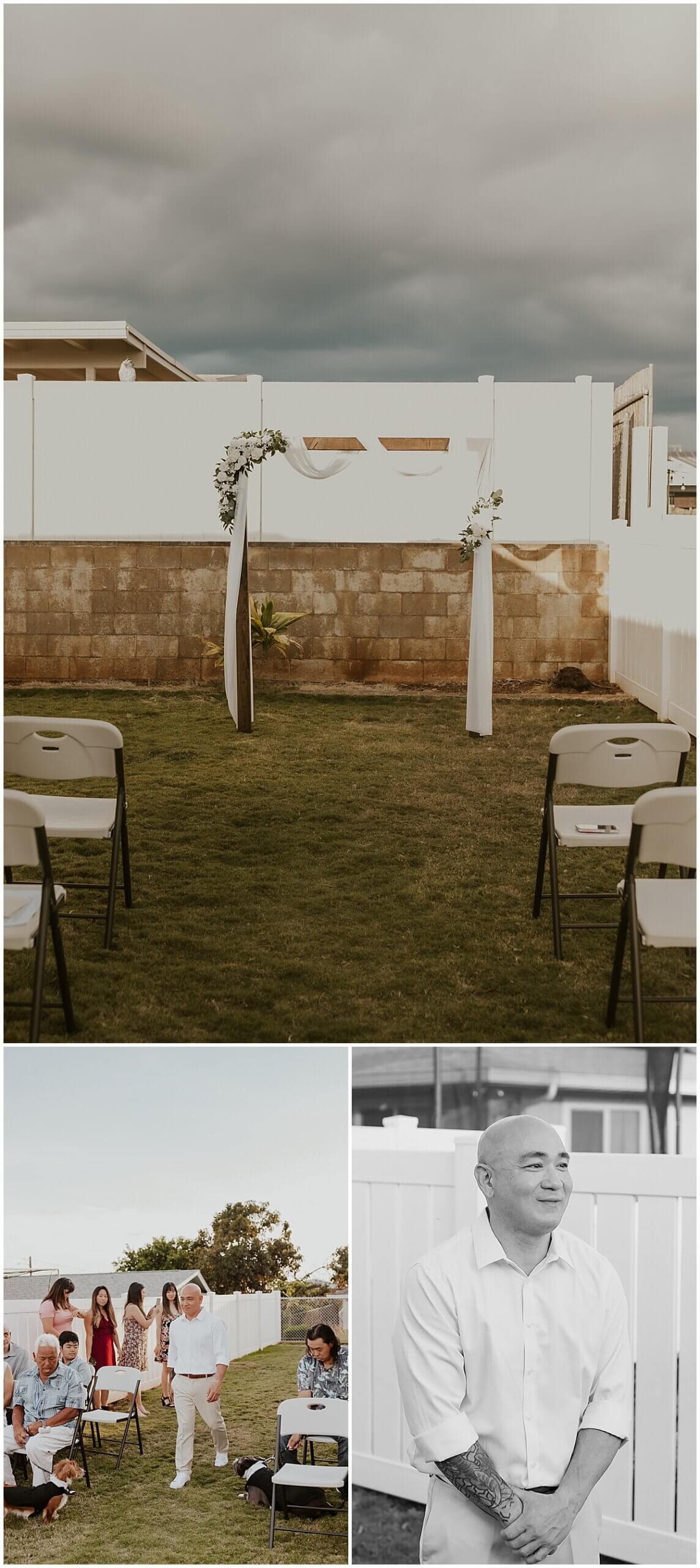 groom walks down the aisle in backyard by oahu wedding photographer 