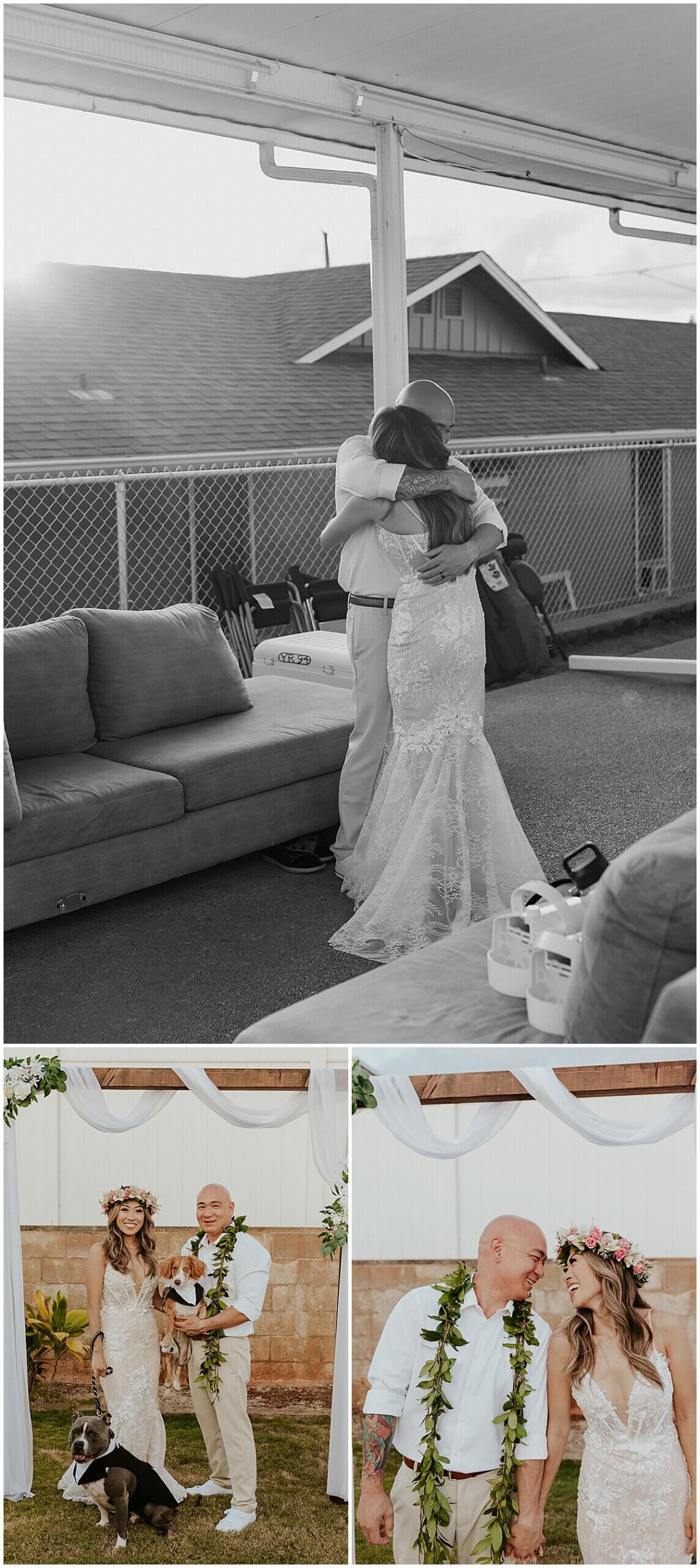 couple hugs by wedding photographer hawaii