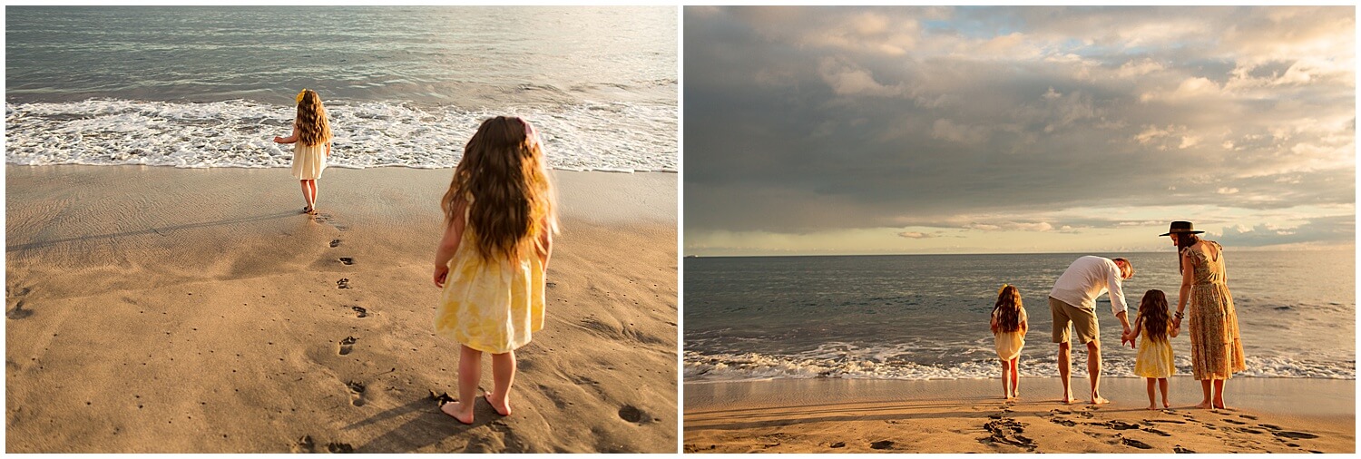 family of four standing on the beach with mother and daughters in yellow dresses by Elle rose photo