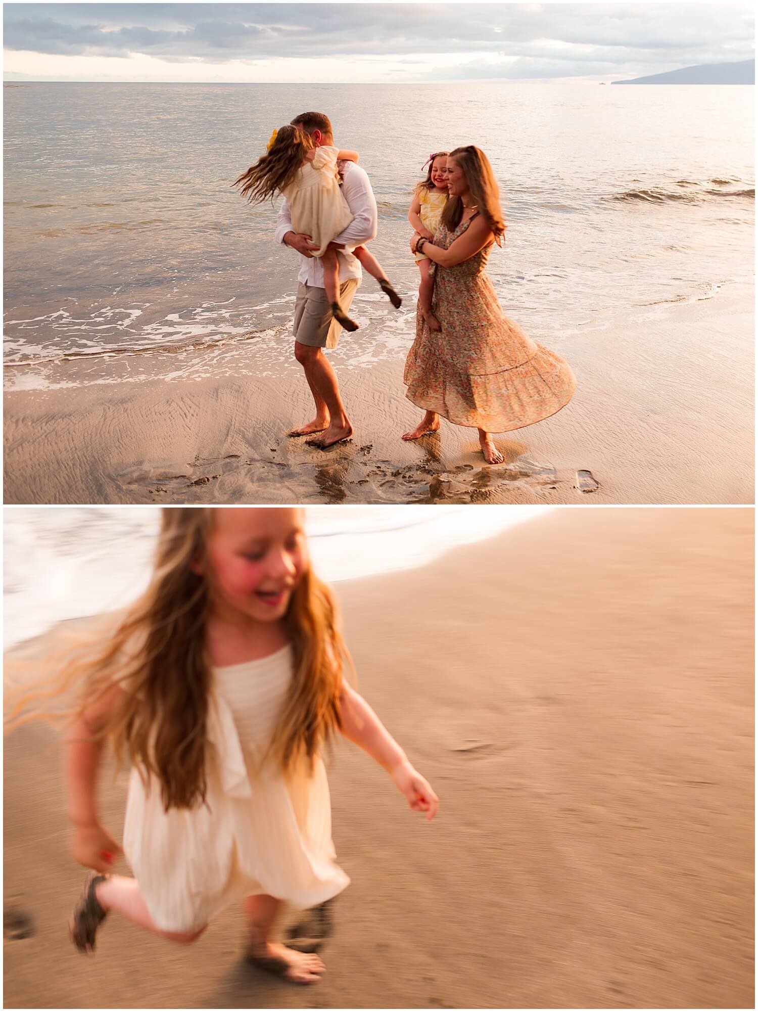 father and daughter twirling barefoot in the sand at sunset with Elle rose photo