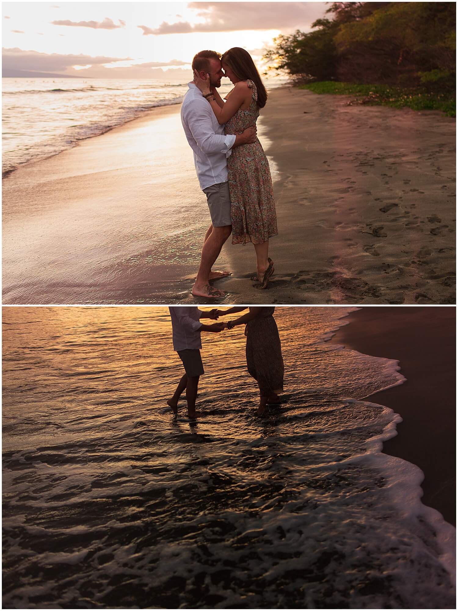 mom and daughter dancing in the water on the sunset beach during maui family session 