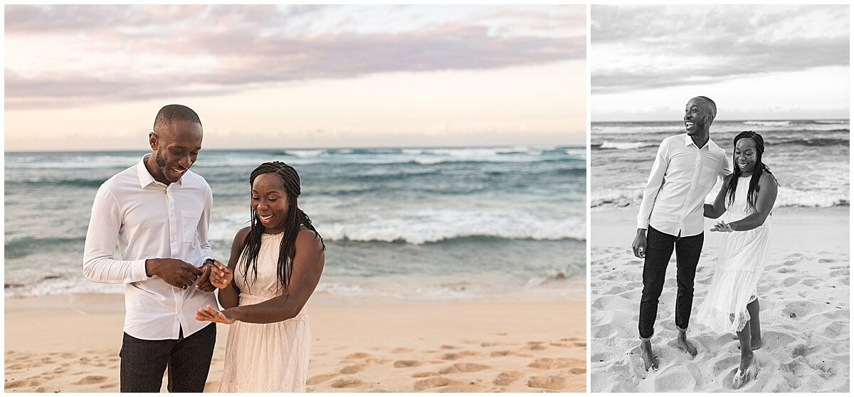 woman looks at new engagement ring in Hawaii during Oahu surprise proposal 