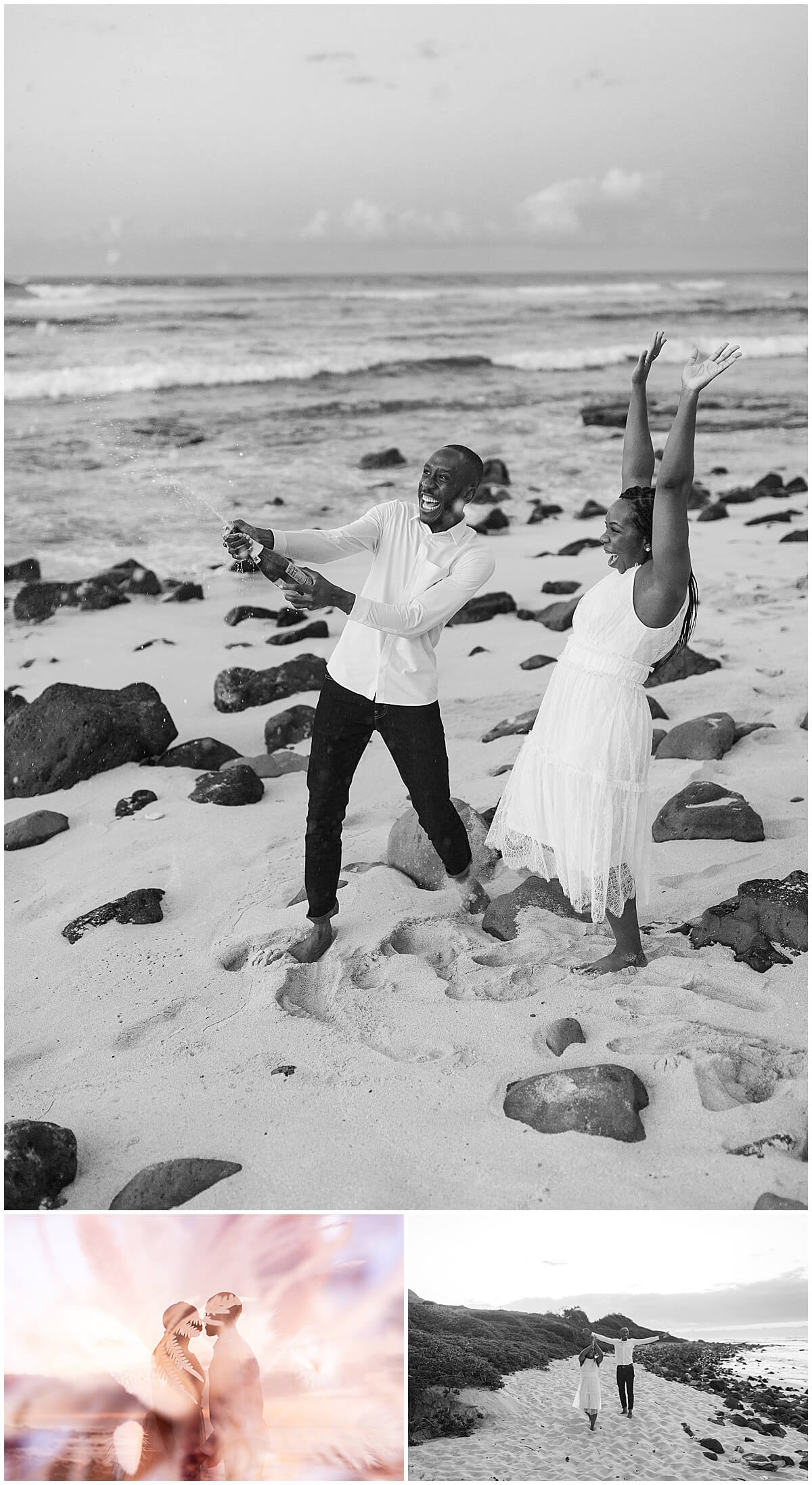 couple pops a bottle of champagne in the beach during Oahu surprise proposal 