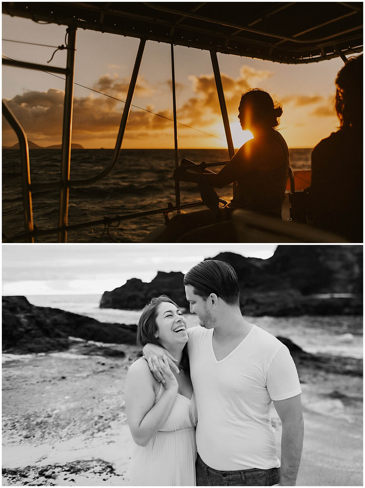 couple takes boat to island sunrise date on the beach in Hawaii 