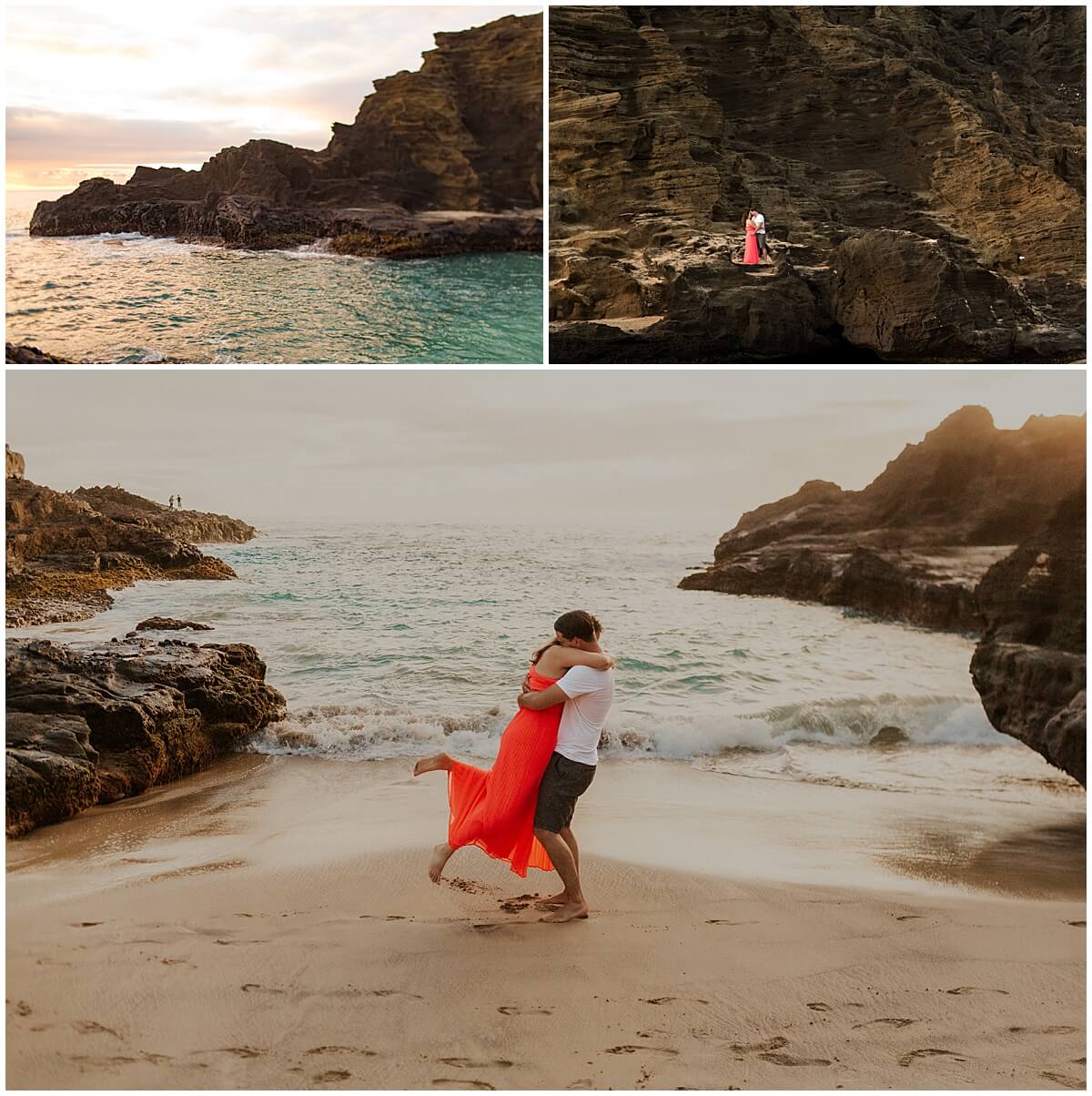 couple embracing in rocky cove by Oahu portrait photographer 