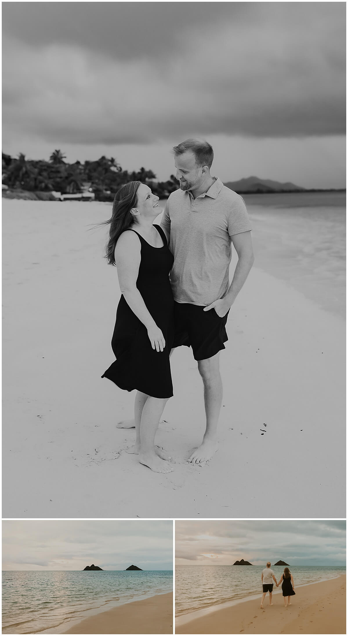 man and woman walking the beach during vacation photo session