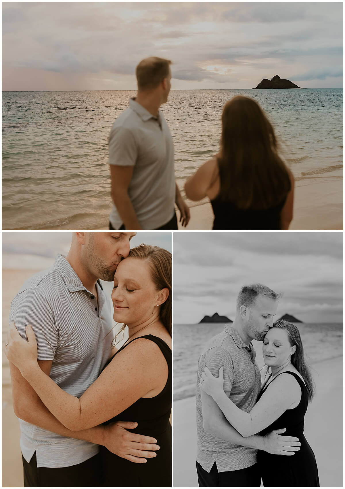 engagement session with Elle rose photo of guy and girl looking at the rocks out in the water 