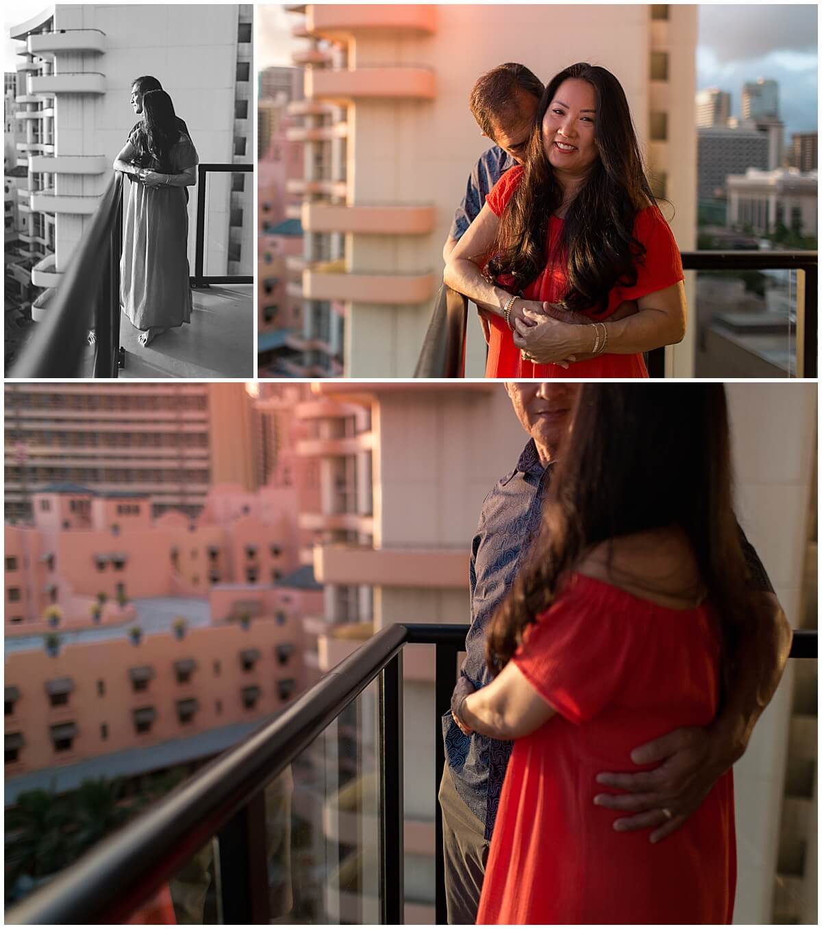 man puts hand around waist of wife wearing red dress by oahu couples photographer 