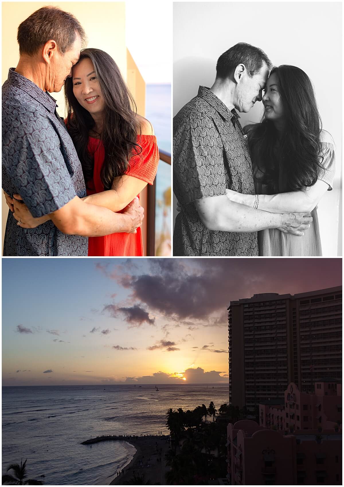 woman with long black hair and wearing red dress holding husband by Elle rose photo 