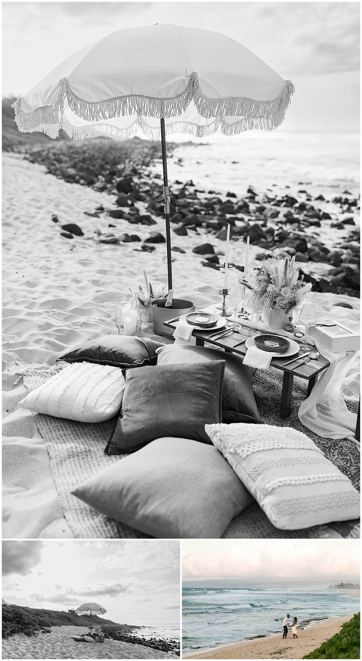 umbrella sitting in the sand over picnic set up by oahu engagement photographer 