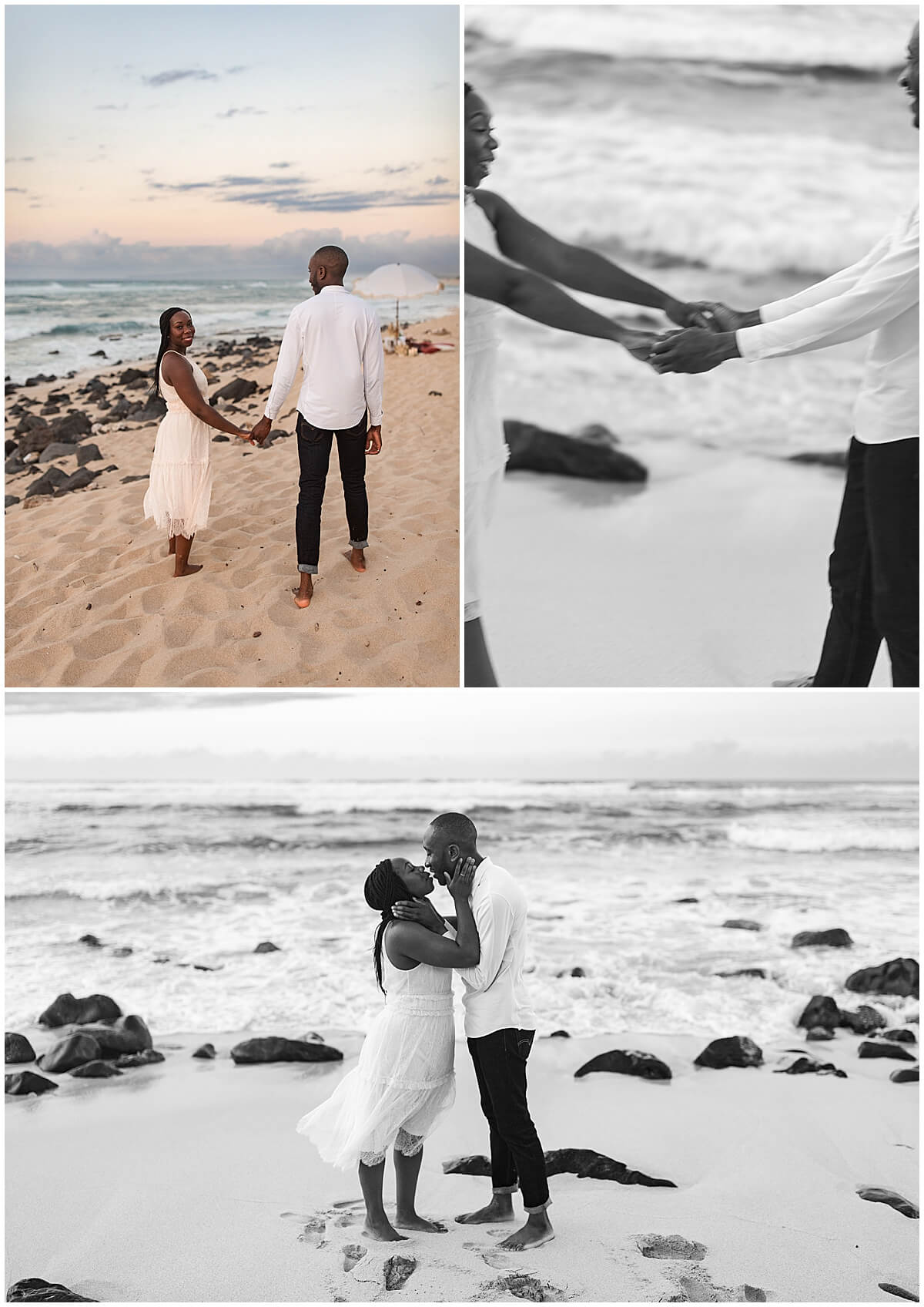 couple holding hands by the water in Hawaii for sunrise proposal session. You're engaged! Now what?!