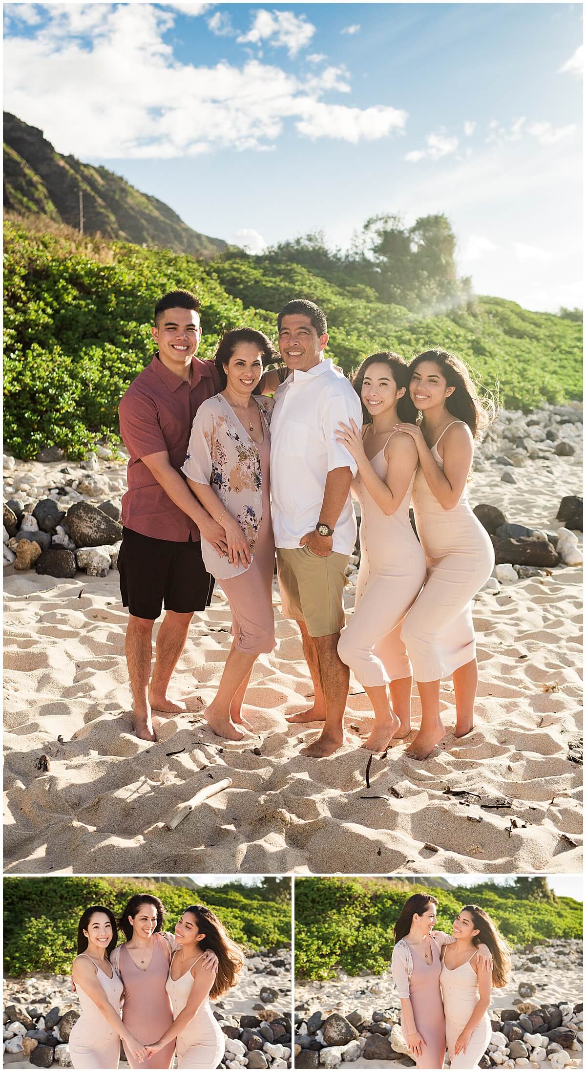 family of five on the beach for session by Oahu family photographer 