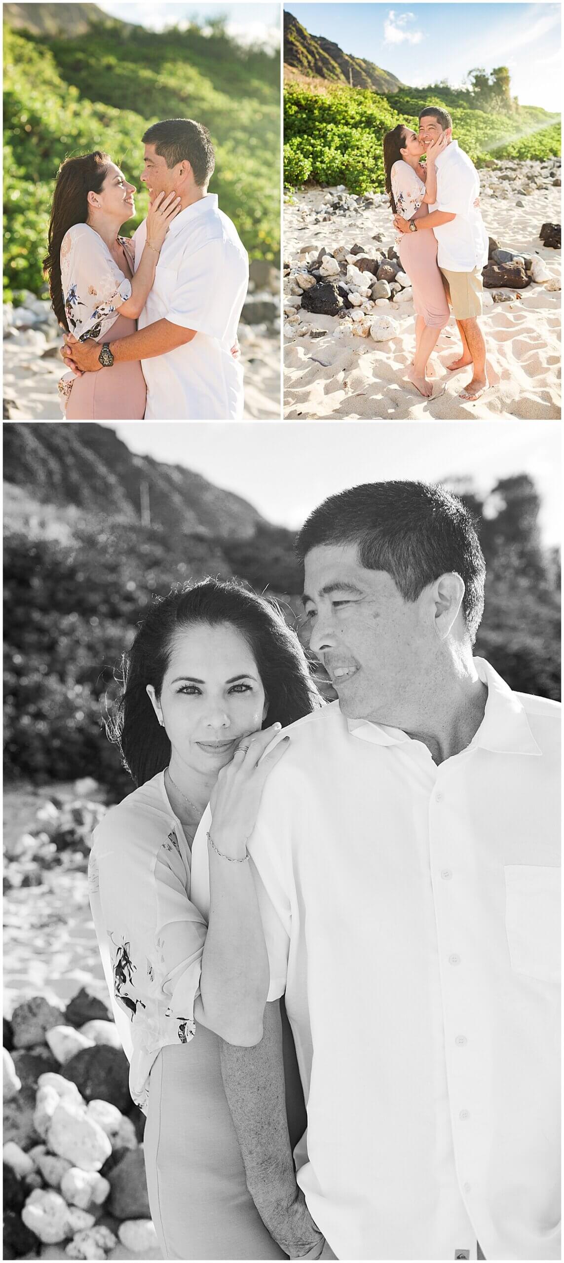 mom and dad kiss on beach at sunset in light colored clothing by Elle rose photo 