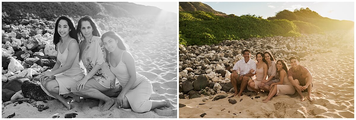 kids and parents sit on rocks at sunset in dresses and dress shorts by Oahu family photographer 