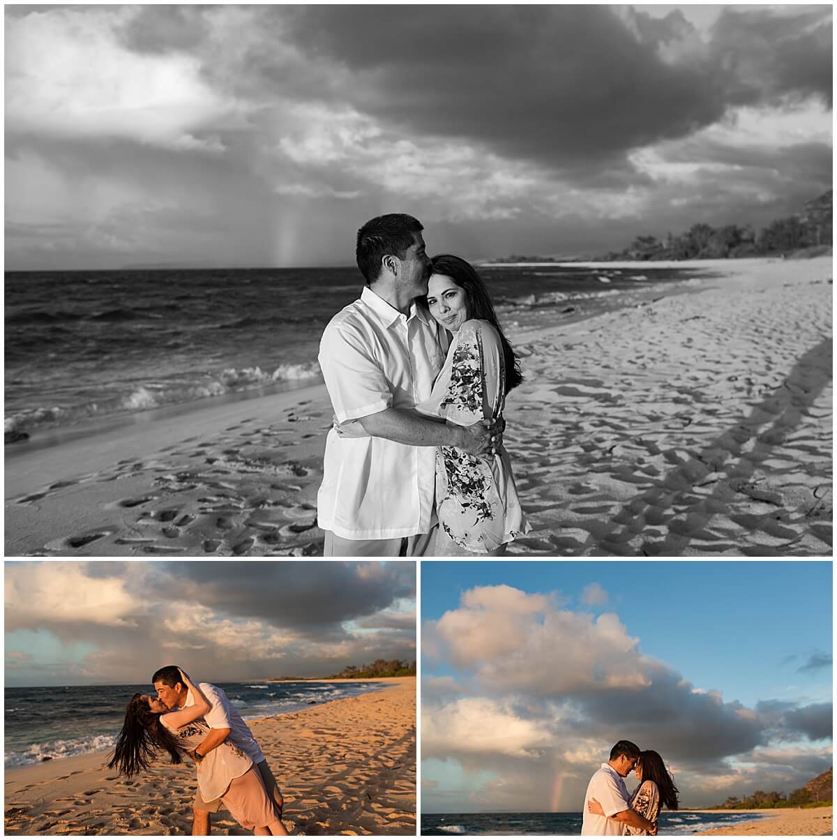 dad dips mom on the beach in Hawaii as the sun is going down with a rainbow behind them for north shore lifestyle session 