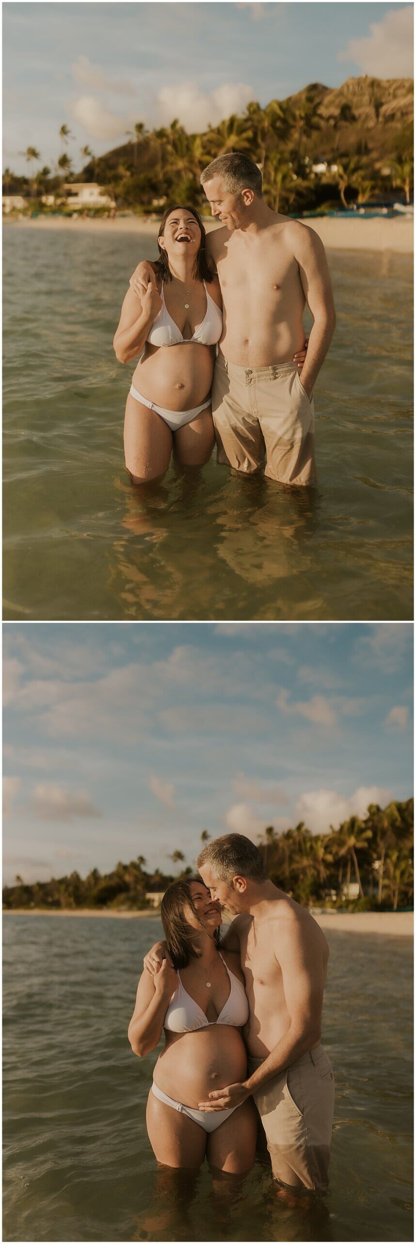 parents bask in the sunshine in the water by oahu lifestyle photographer