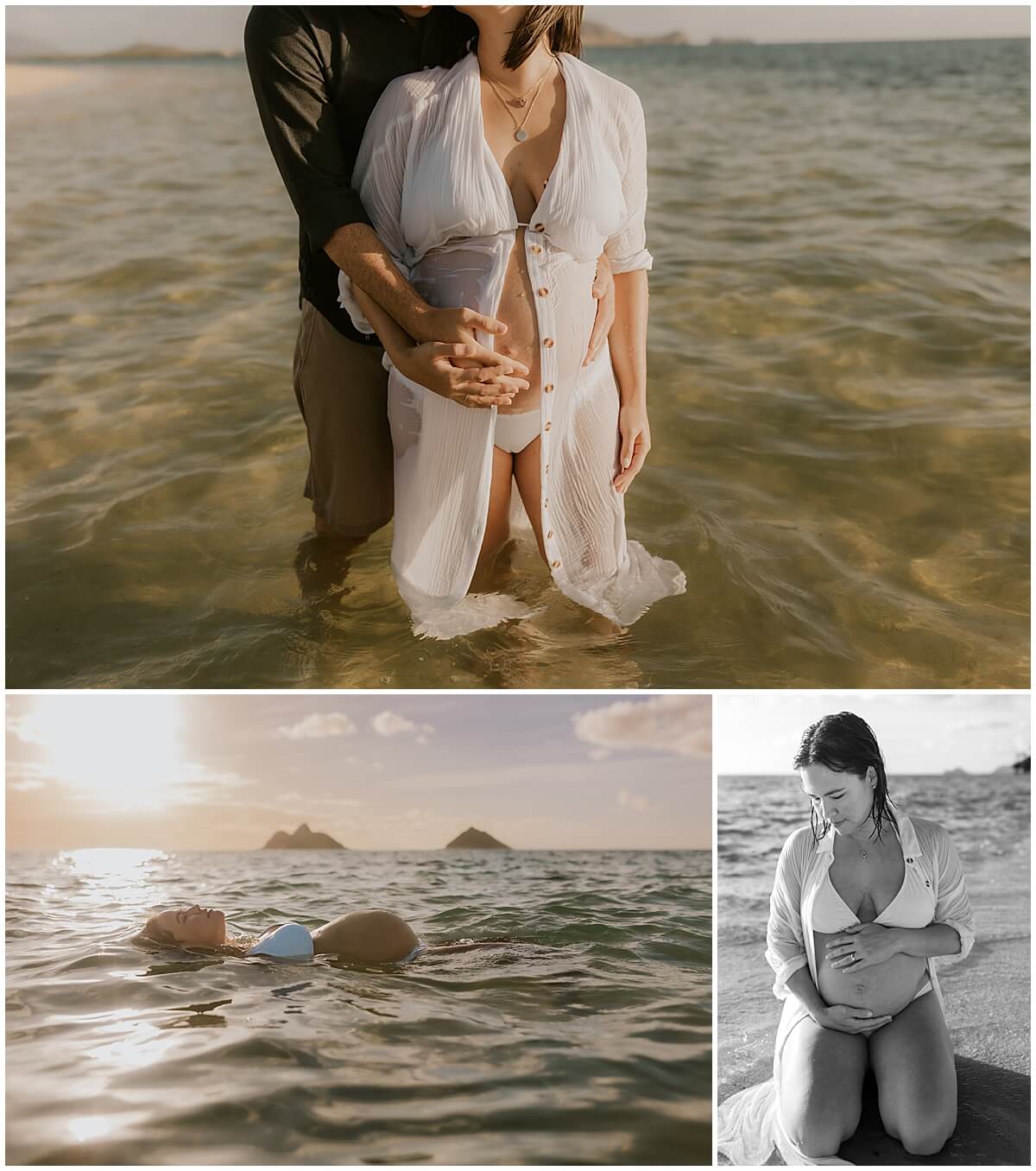 woman wears long white robe in the water at sunrise for kailua maternity photo session 