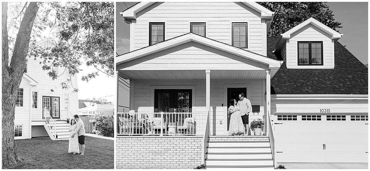 pregnant mom and dad standing on front porch holding belly by oahu lifestyle photographer