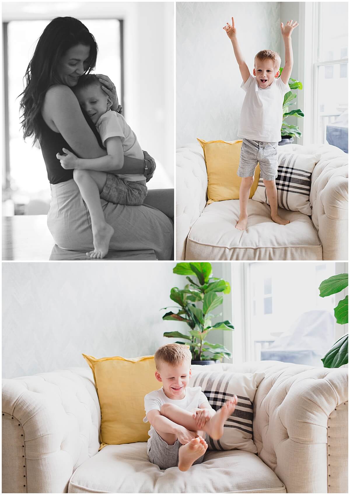 Son jumping on couch in living room of in-home family session