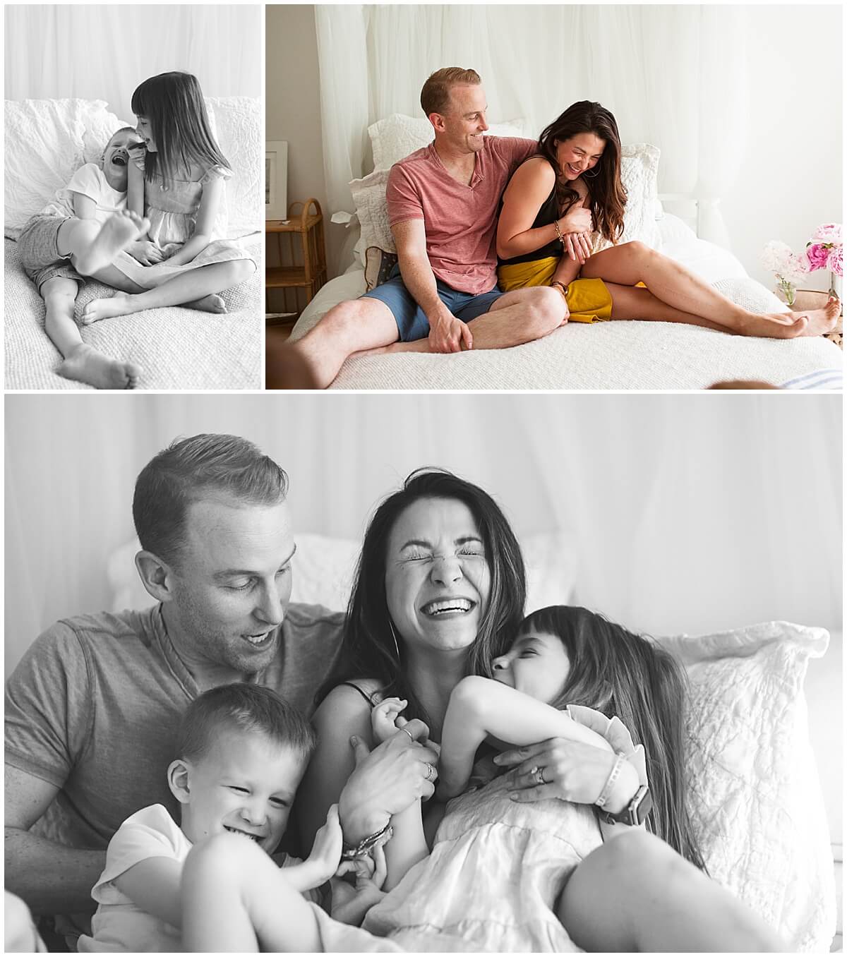 Black and white lifestyle family photography with family of four during in-home family session