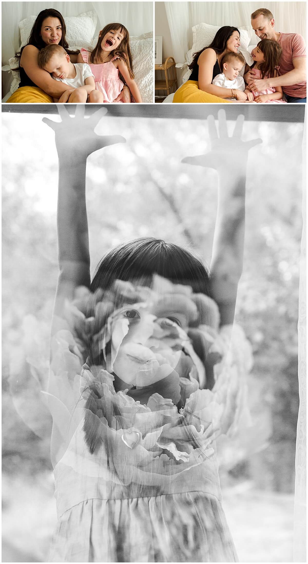 Double exposure black and white Image of daughter during in-home family session