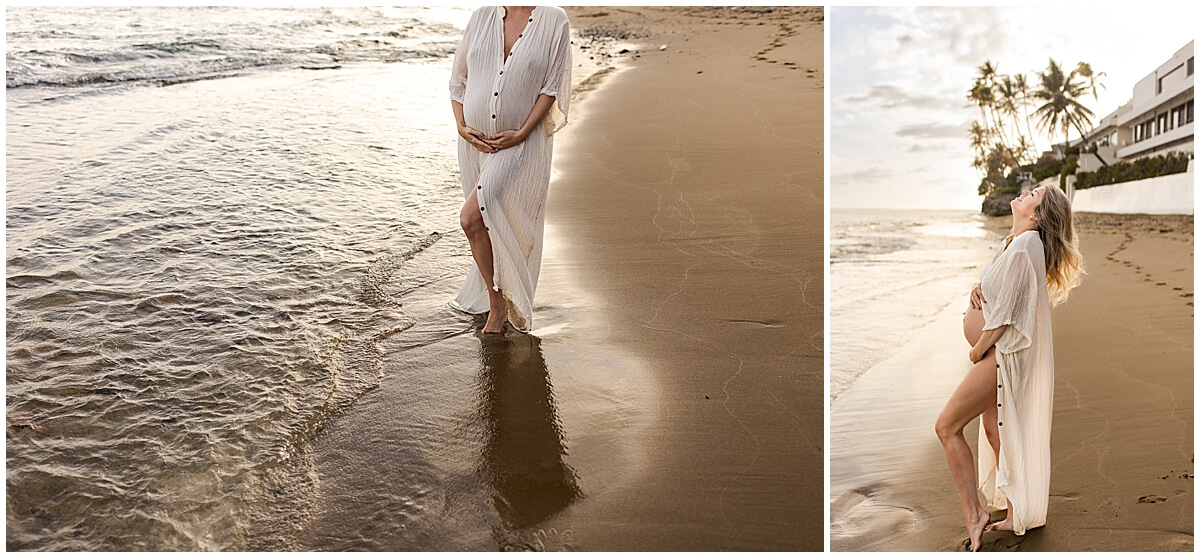 Mom wearing white button up down standing under palm trees in Hawaii with Oahu lifestyle photographer