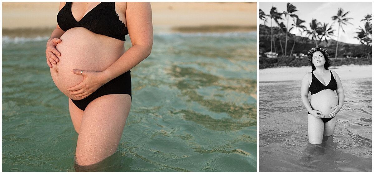 mother holding baby belly while standing in the water by Elle rose photo