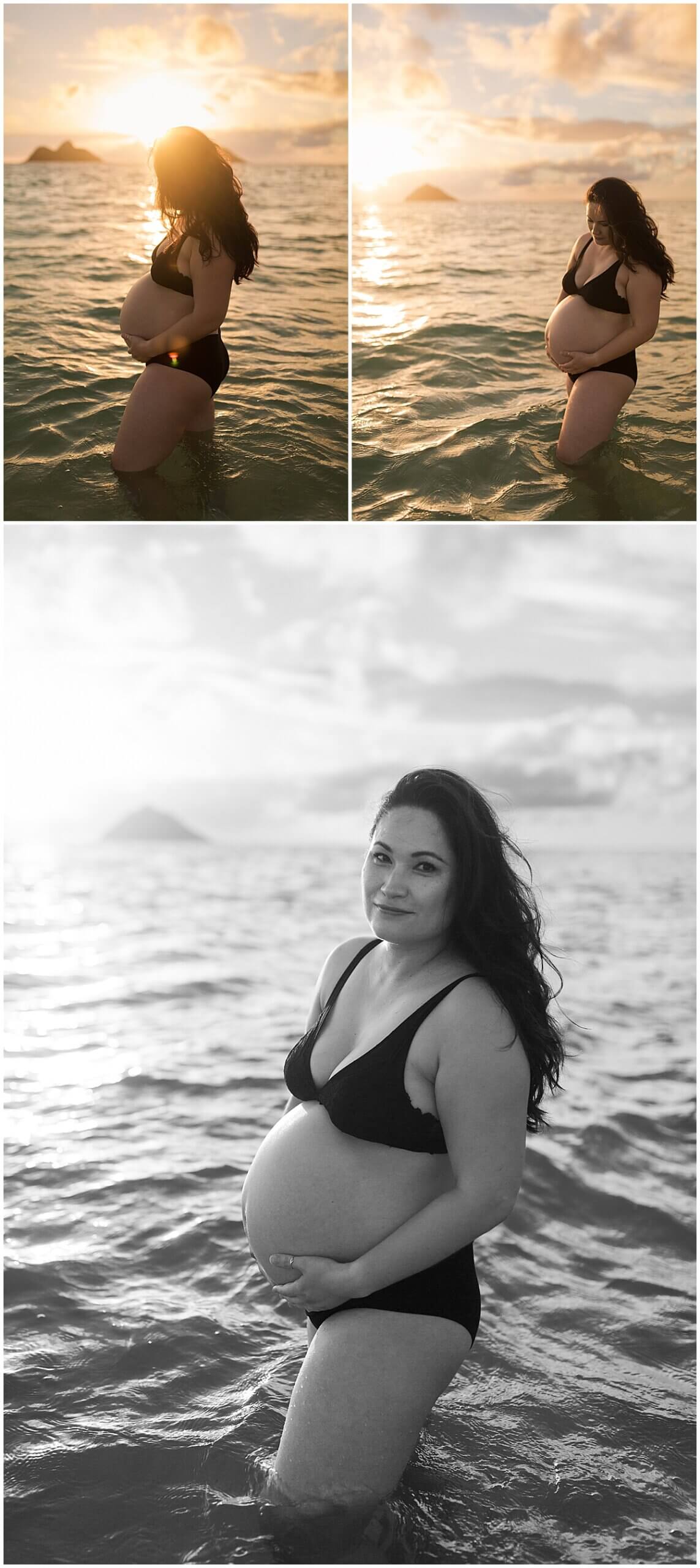 mom wearing two piece bikini maternity set holding baby belly at lanikai sunrise session 