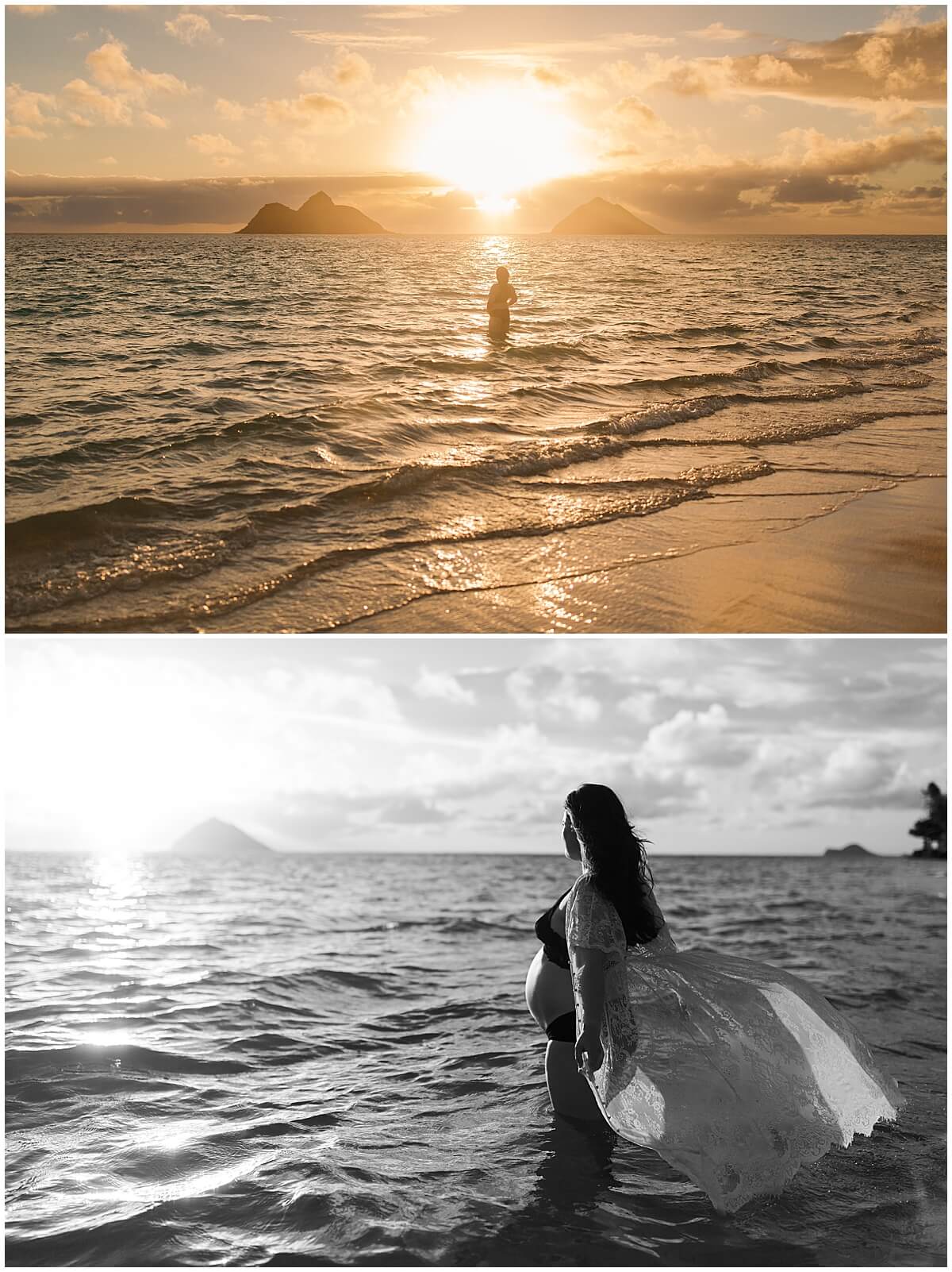 mom wearing black two piece with white lace cardigan in the water with Oahu maternity photographer 