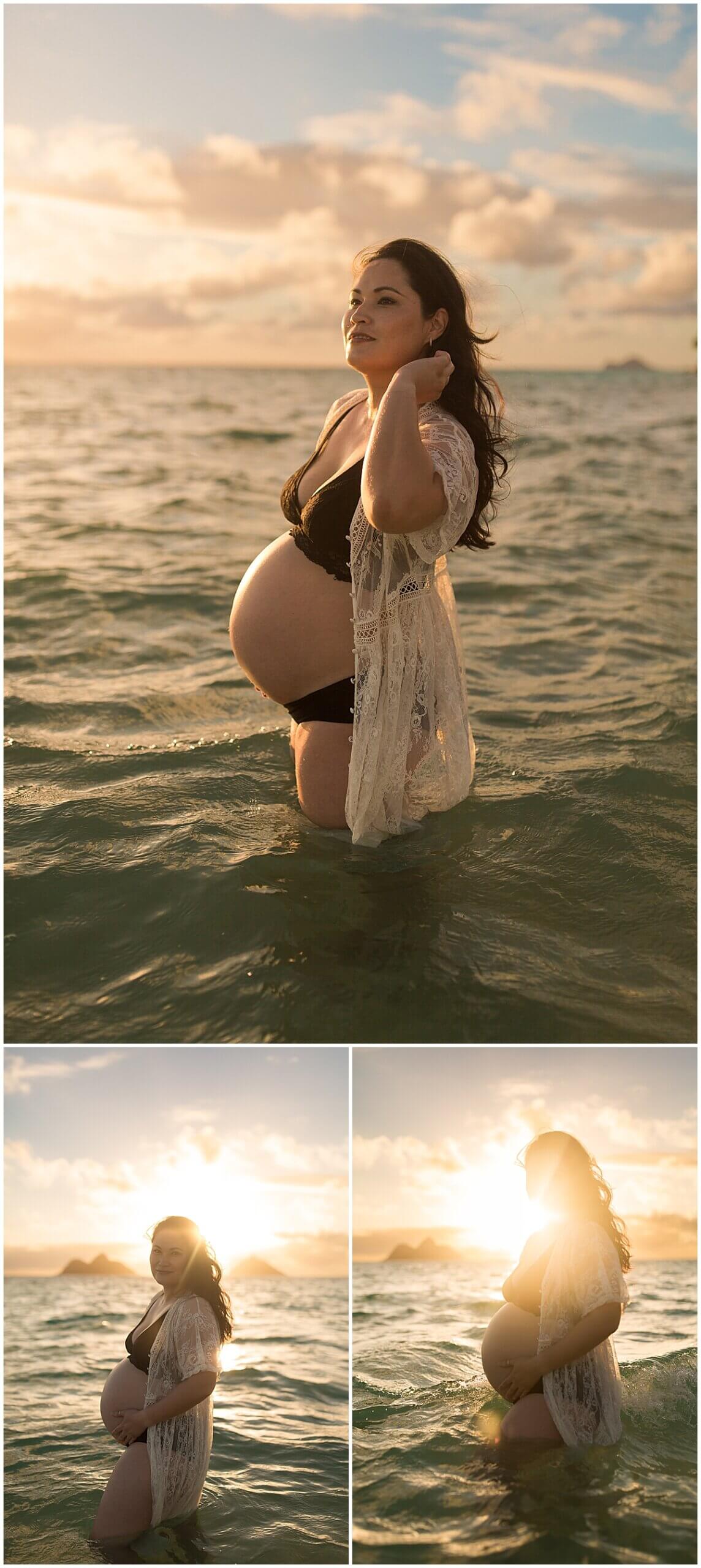 sunrise silhouette of mom wearing white lace shall on the water by Oahu maternity photographer