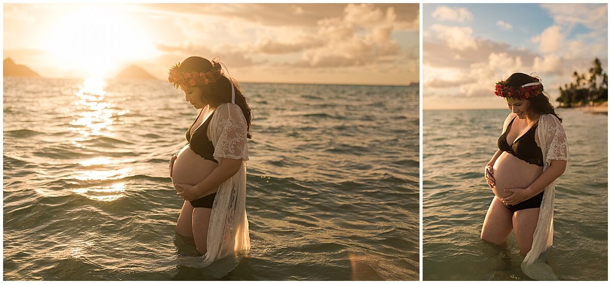 mom wearing the floral Hawaiian headpiece and white lace shall at lanikai sunrise session 