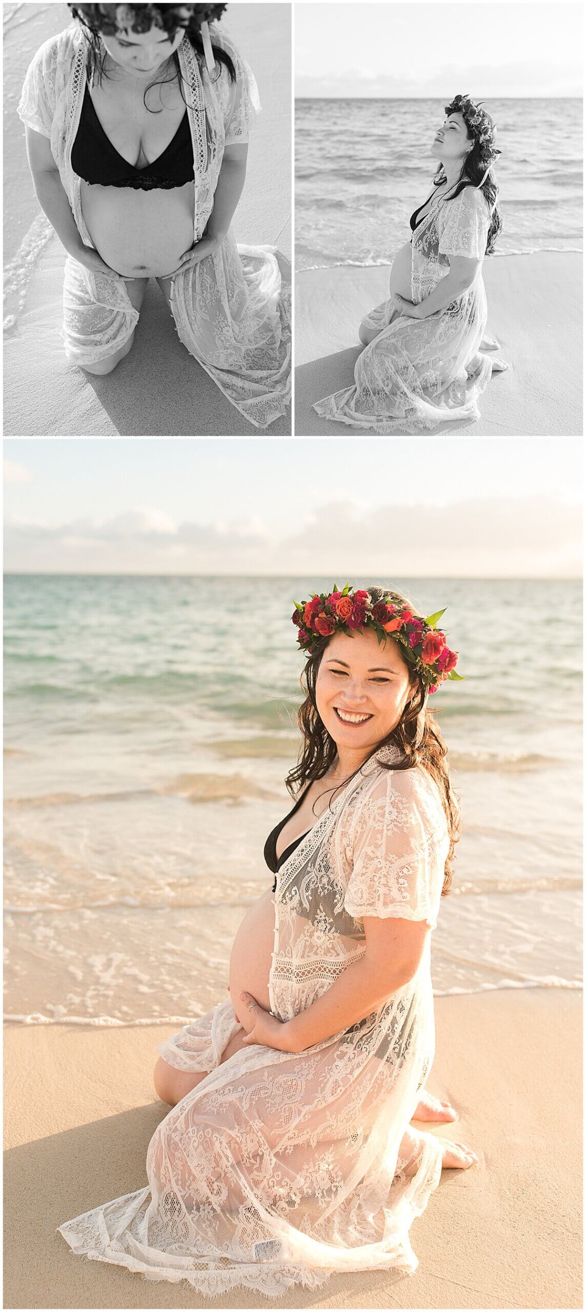 new mom kneeling in the sand with Hawaiian headpiece and two piece bikini set at lanikai sunrise beach maternity photoshoot session 