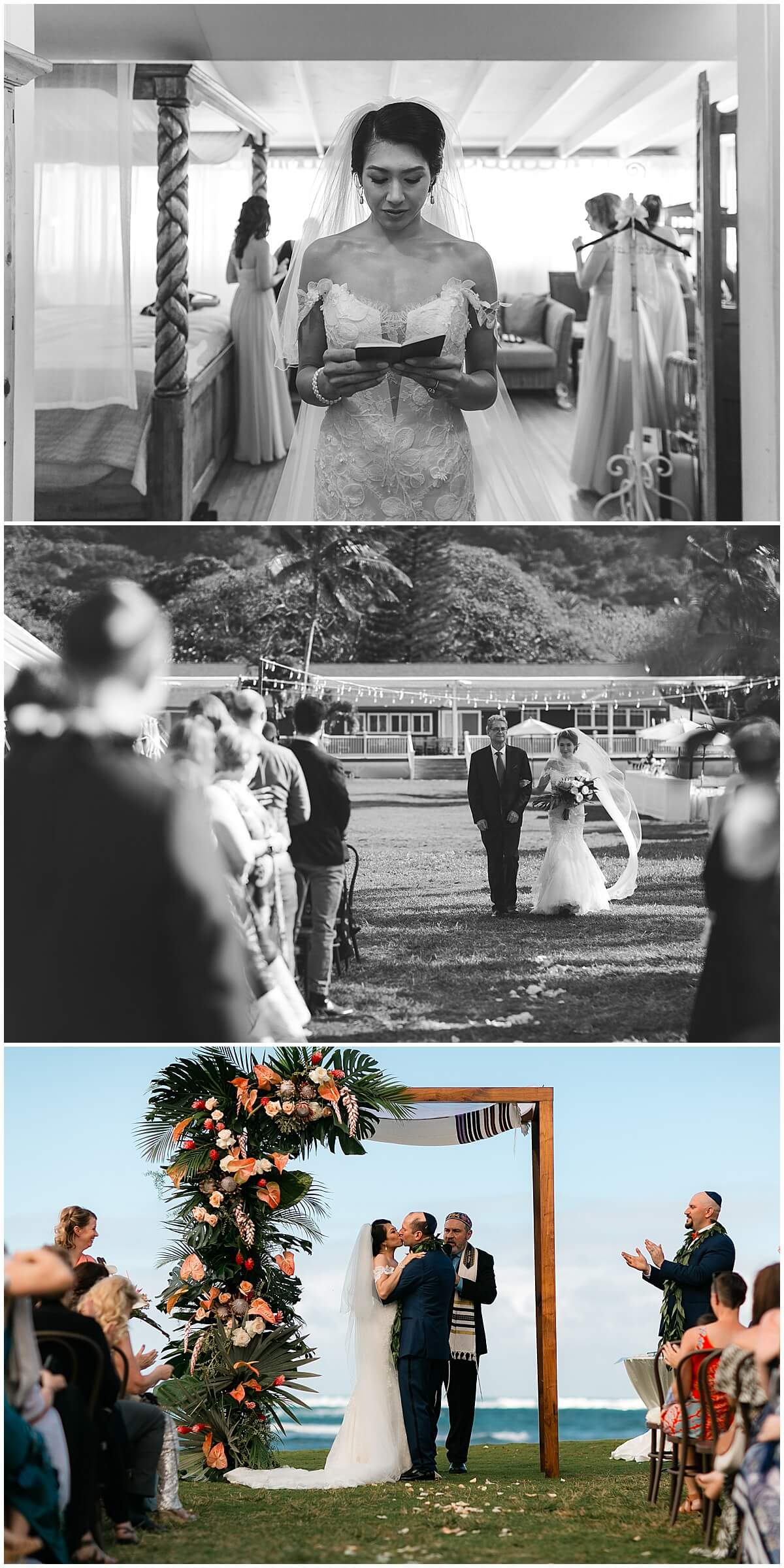 bride getting ready at turtle bay resort reading her personal vows by Elle rose photo