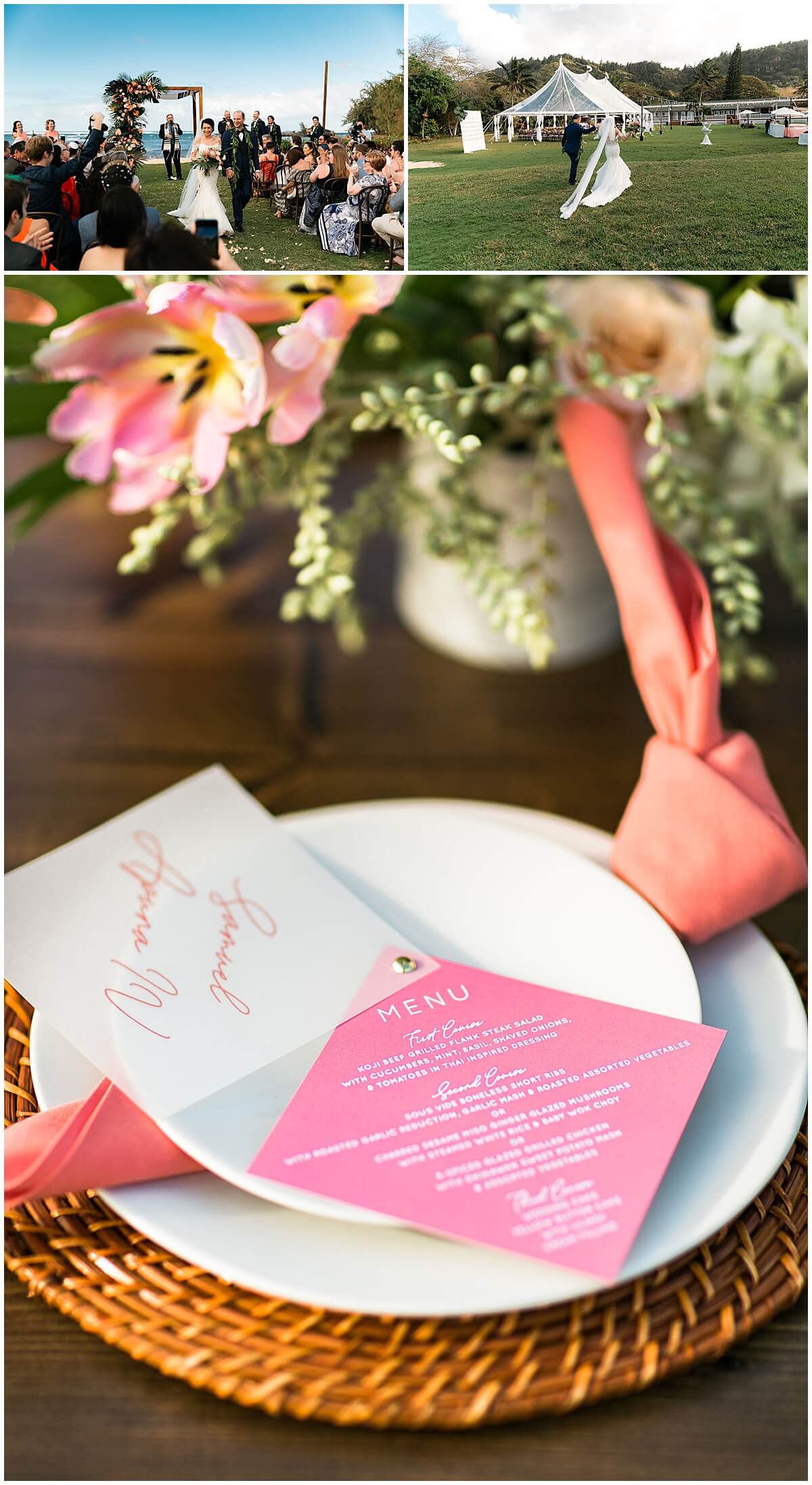 dinner menu on plates of wedding reception after lush green ceremony at Loulu Palm Estate