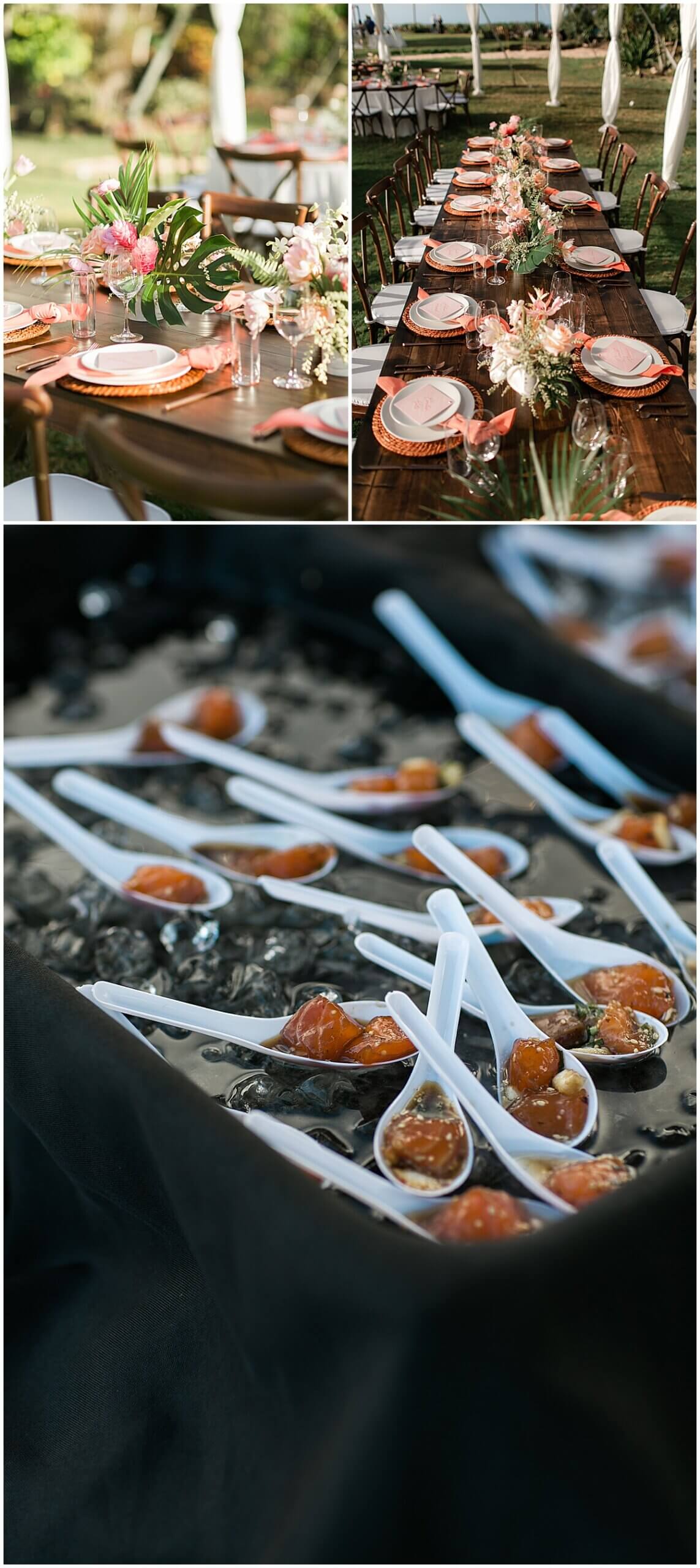 cocktail hour little bites under clear top tent at Loulu Palm Estate