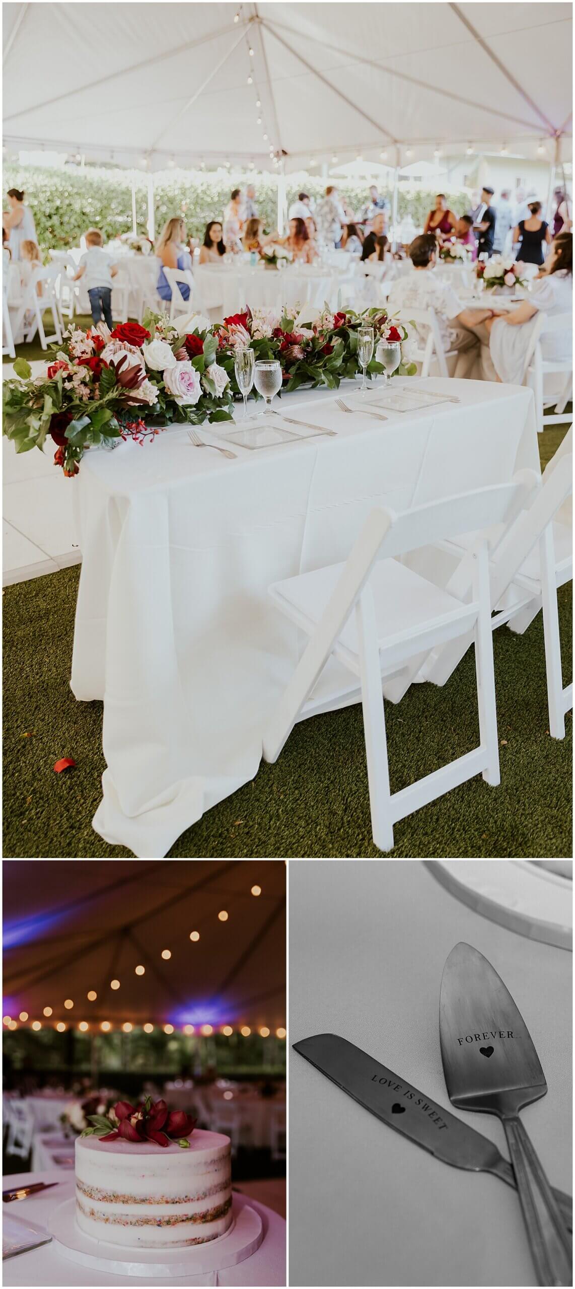 Red white and pink rose table settings at head reception table by Elle rose photo