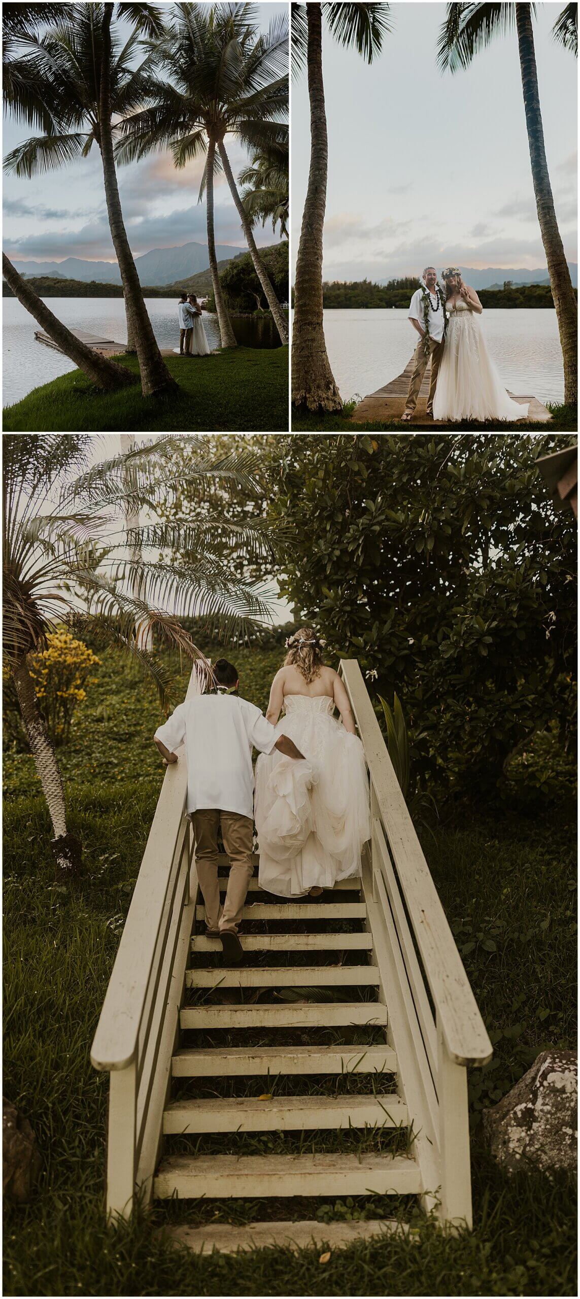 Newy married couple wearing lei standing along venue pier at Moli’i gardens 