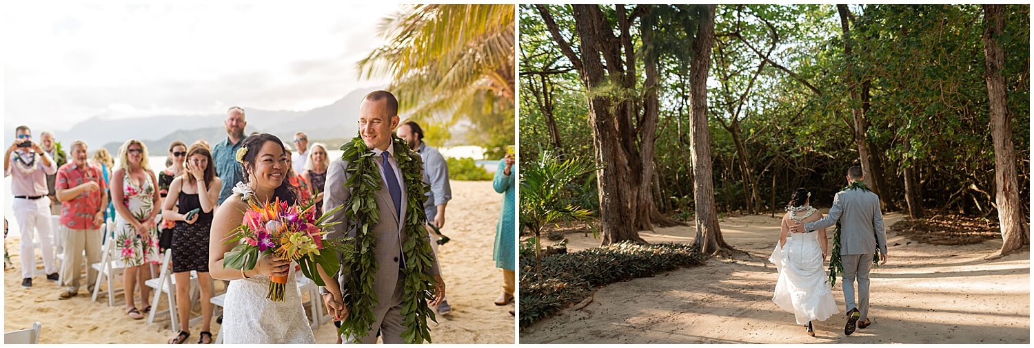 Bride and groom walk up aisle after midday ceremony at Kualoa ranch Moli’i gardens 