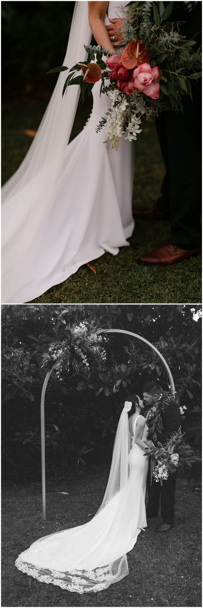 bride showing off long train while holding bouquet by Elle rose photo