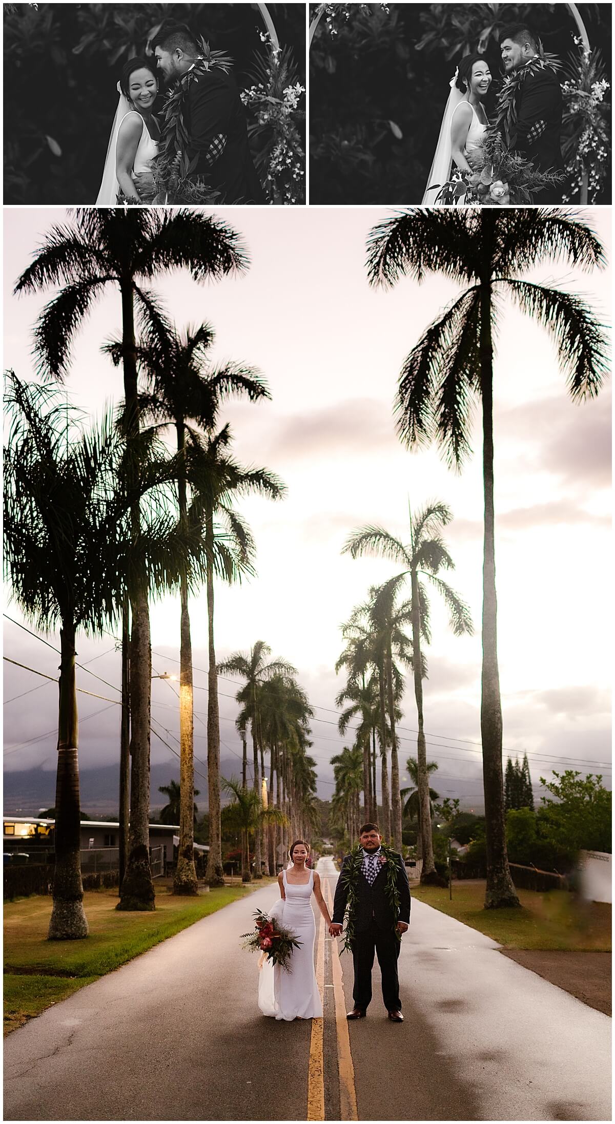 newly married couple holding hands under sunset sky after it rains for intimate backyard ceremony