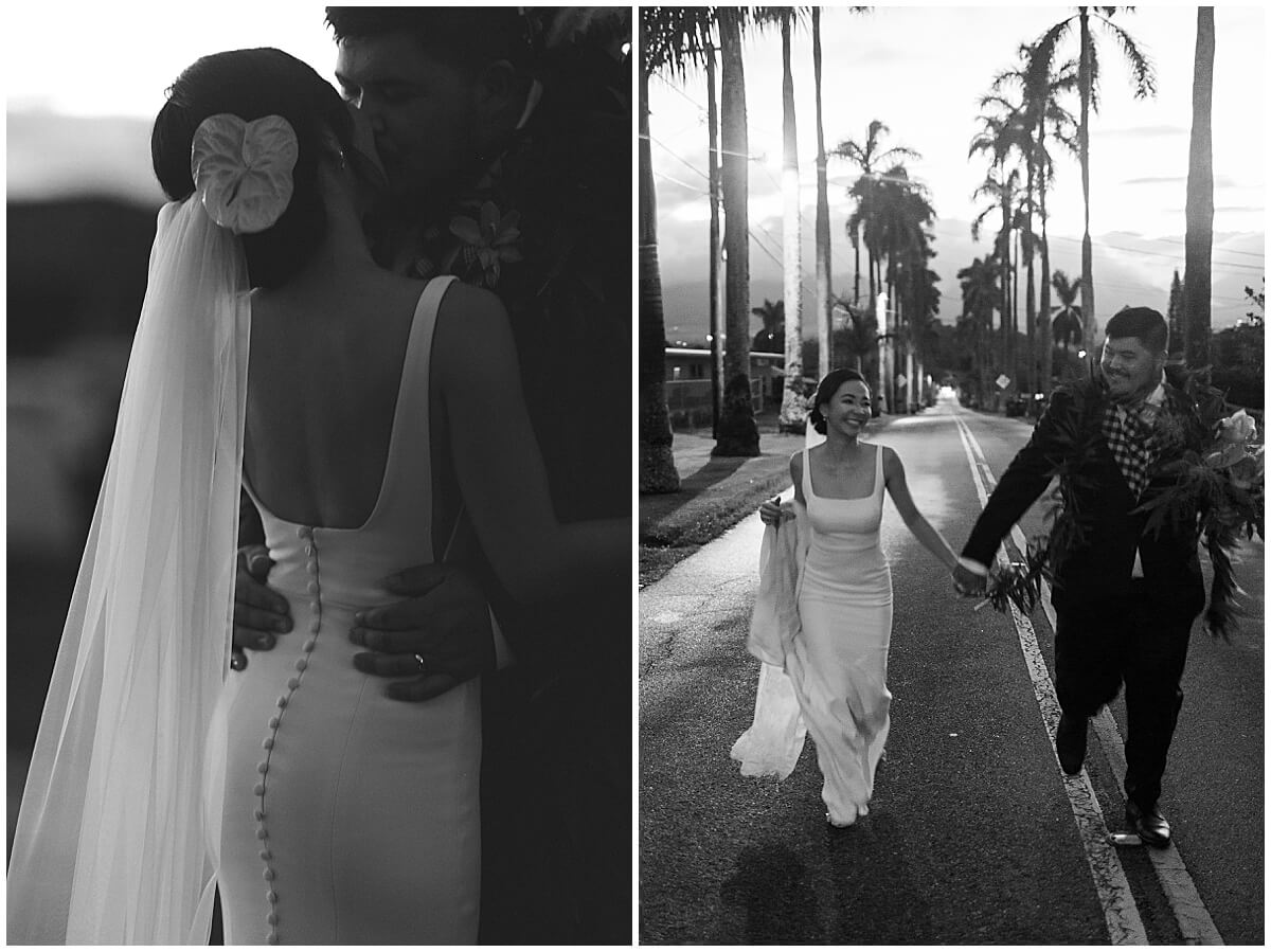 couple running through the road after big day by oahu wedding photographer 