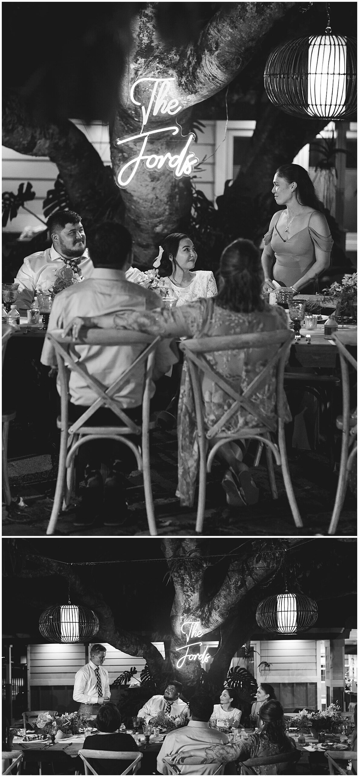 newly married couple sitting at reception under string lights by oahu wedding photographer