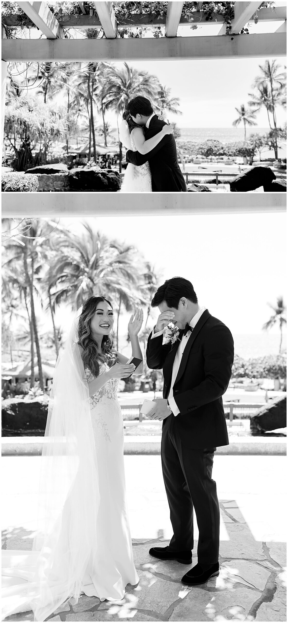 groom getting emotional for first time seeing bride on wedding day at lanikuhonua four seasons resort 