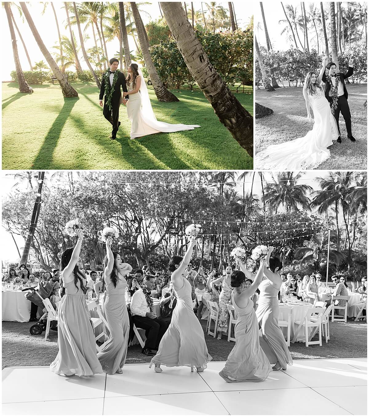 couple and wedding party dance into reception at lanikuhonua four season outdoor floor